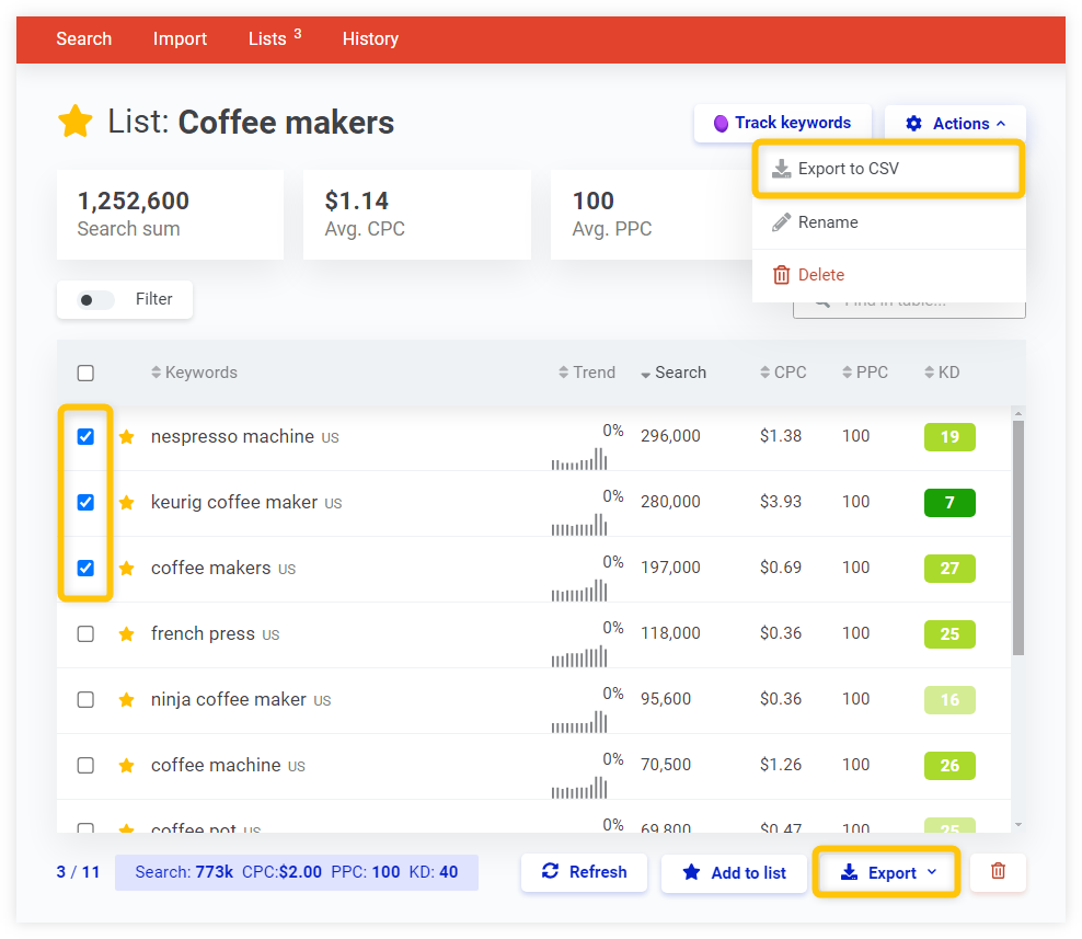 KWFinder - export keywords from the list