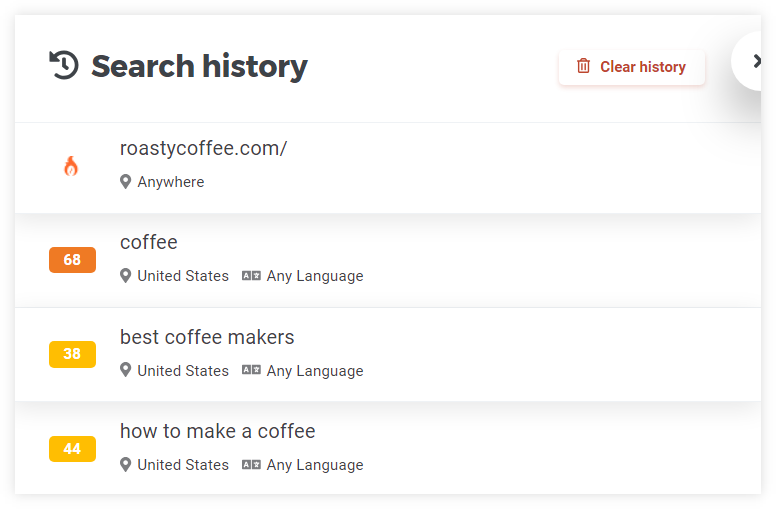KWFinder - search history feature