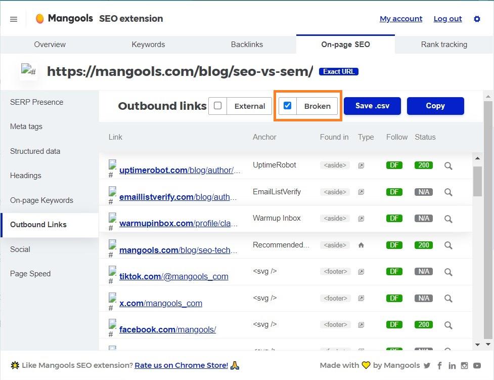 Mangools SEO extension - finding broken links - example