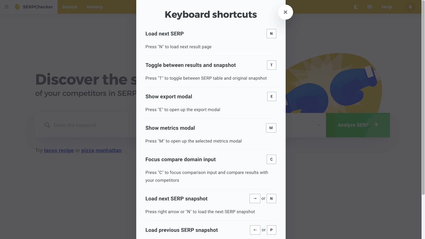 Keyboard shortcut message in SERPChecker
