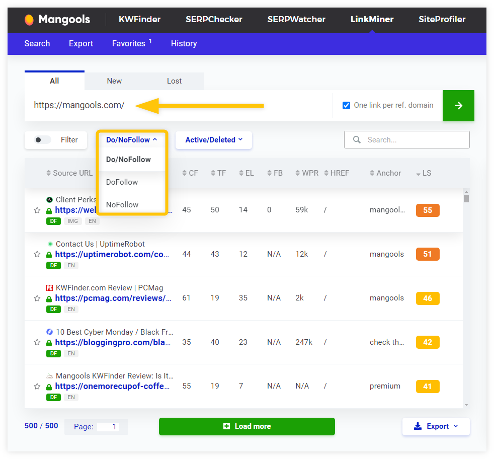 Dofollow and nofollow backlinks via Mangools LinkMiner - example
