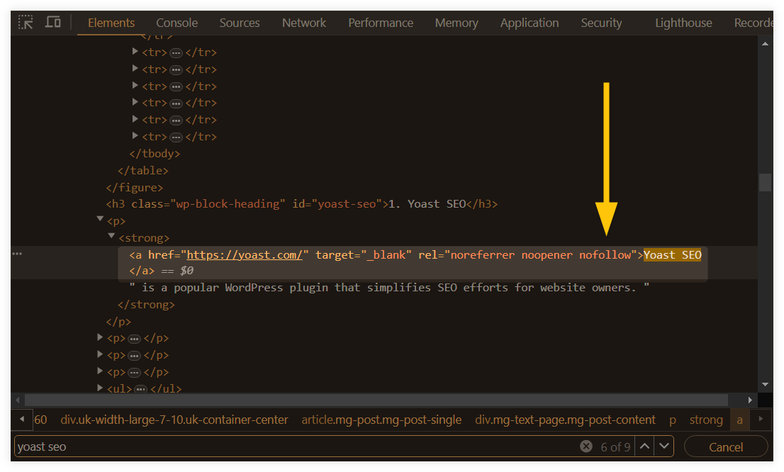 Manuall check of the nofollow attribute via inspection mode - example