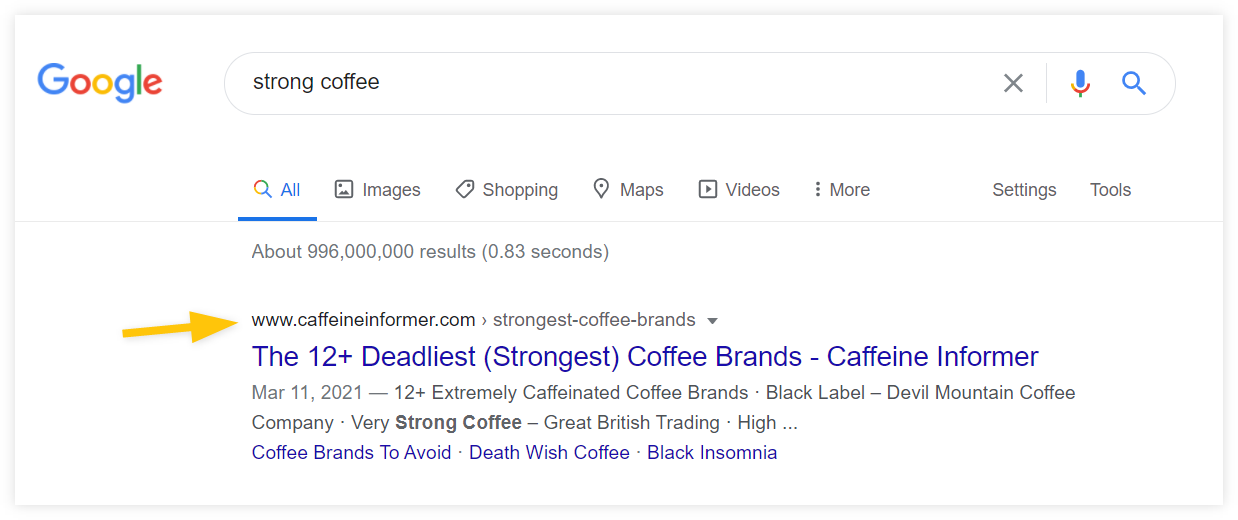 Checking top ranking web page for the keyword “strong coffee” in Google Search