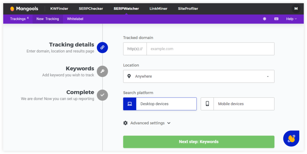 Setting up rank-tracking for the domain in Mangools SERPWatcher